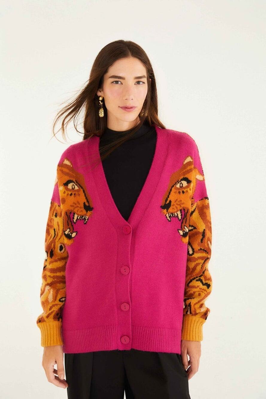 Farm Rio Tiger Sleeve Pink Bold Knit cardigan Sweater Size XL NWT
